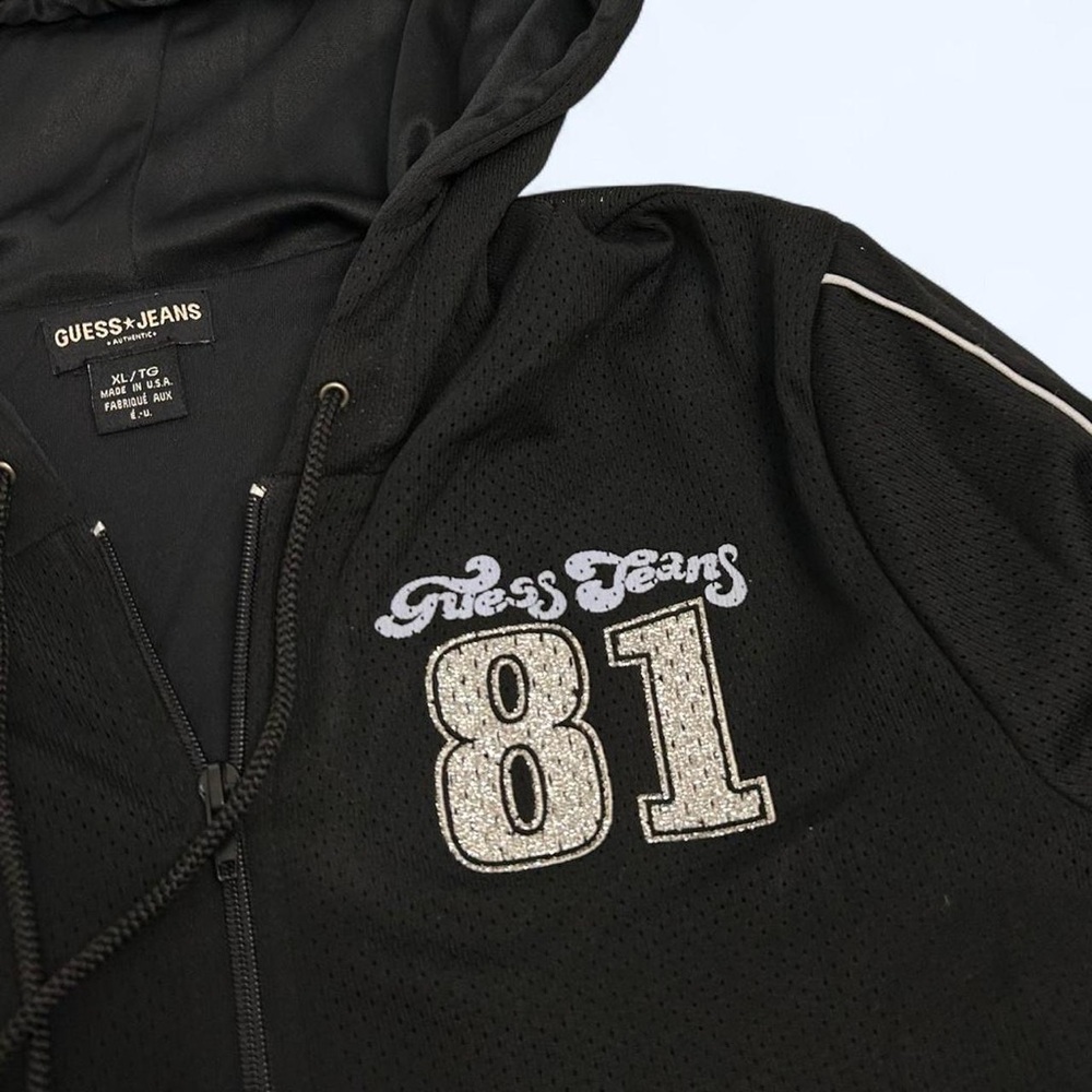 Vintage Y2K Guess Black Athletic Mesh Zip Up Hooded Jacket w Glitter Logo - Picture 6 of 8